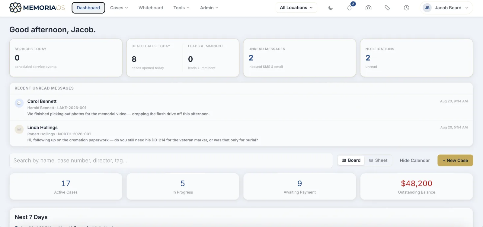 The MemoriaOS dashboard in light mode